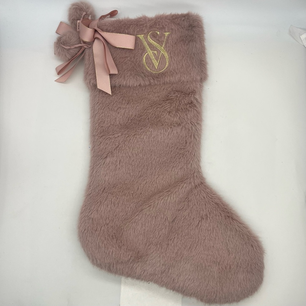 Victoria's Secret Faux Fur Christmas Stocking Pink Plush Bow Pom Pom VS Logo NWT